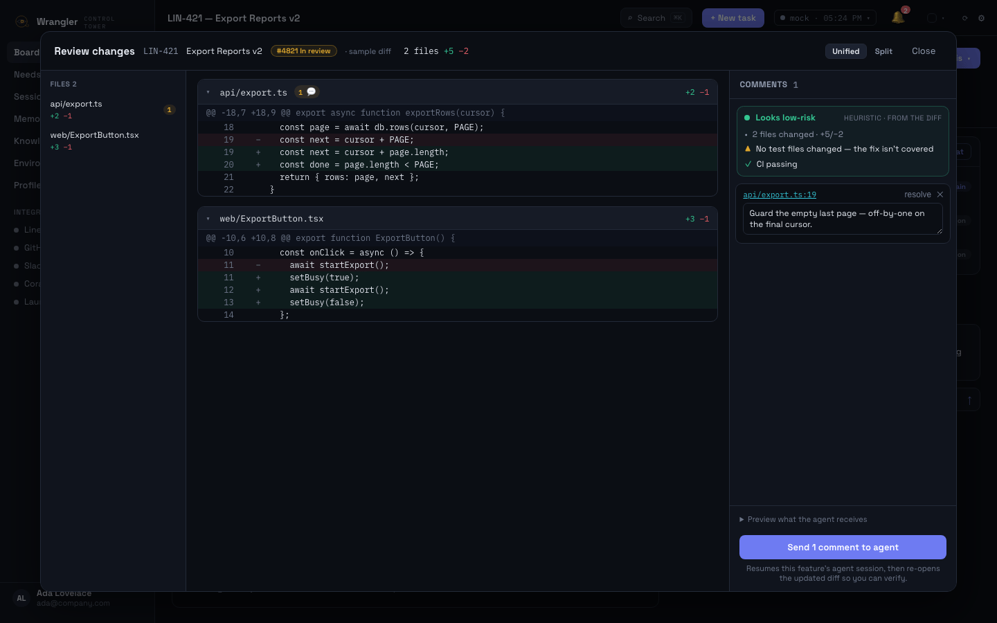 Review changes — the agent's diff with pending line comments collected in a panel, ready to send as one batch