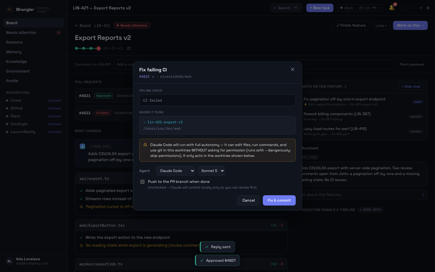 The Fix modal — dispatching a CI fix to the agent session that owns the PR, with full autonomy disclosed