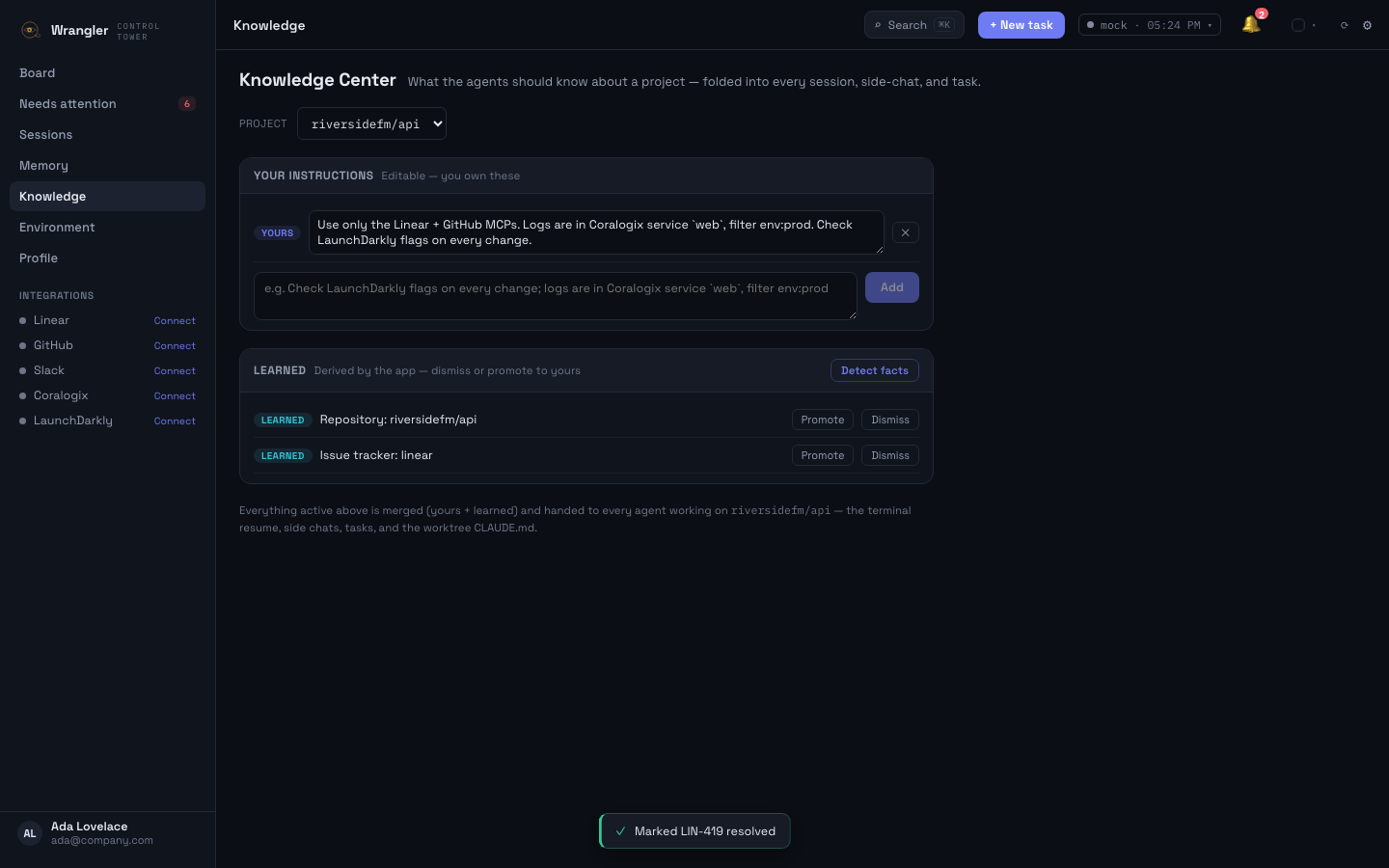 Knowledge Center — per-project instructions and app-learned facts fed into every session