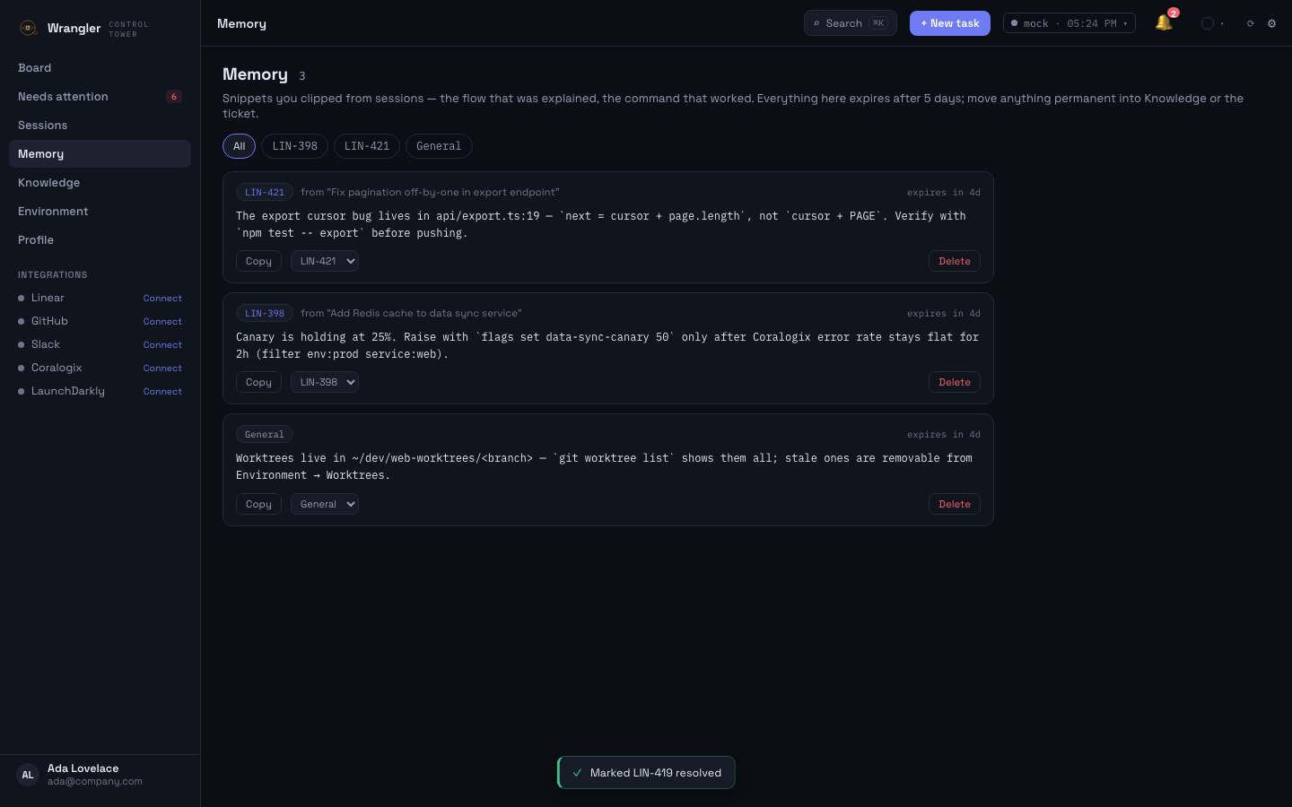 Memory — short-lived snippets clipped from session terminals, grouped by feature