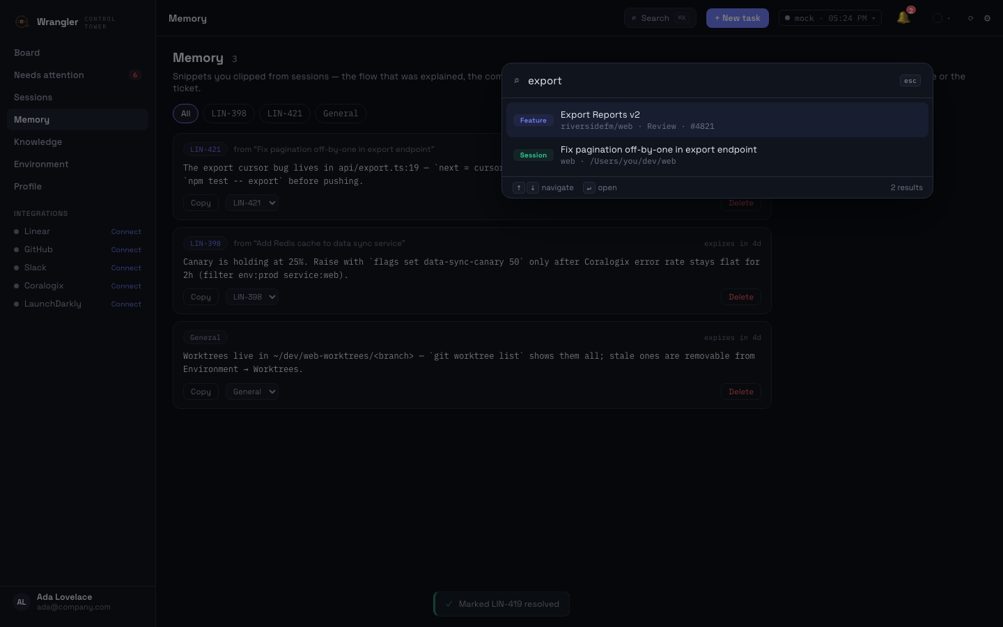 The ⌘K command palette ranking features, sessions, and commands in one list