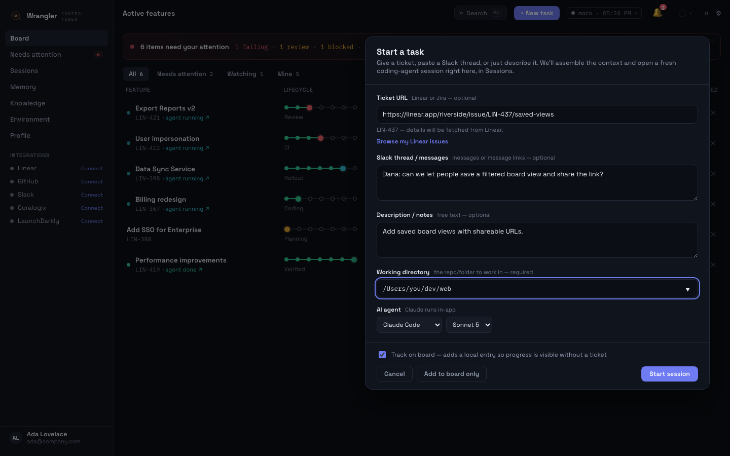 The Start a task modal — ticket URL, Slack thread, working directory, and agent picker